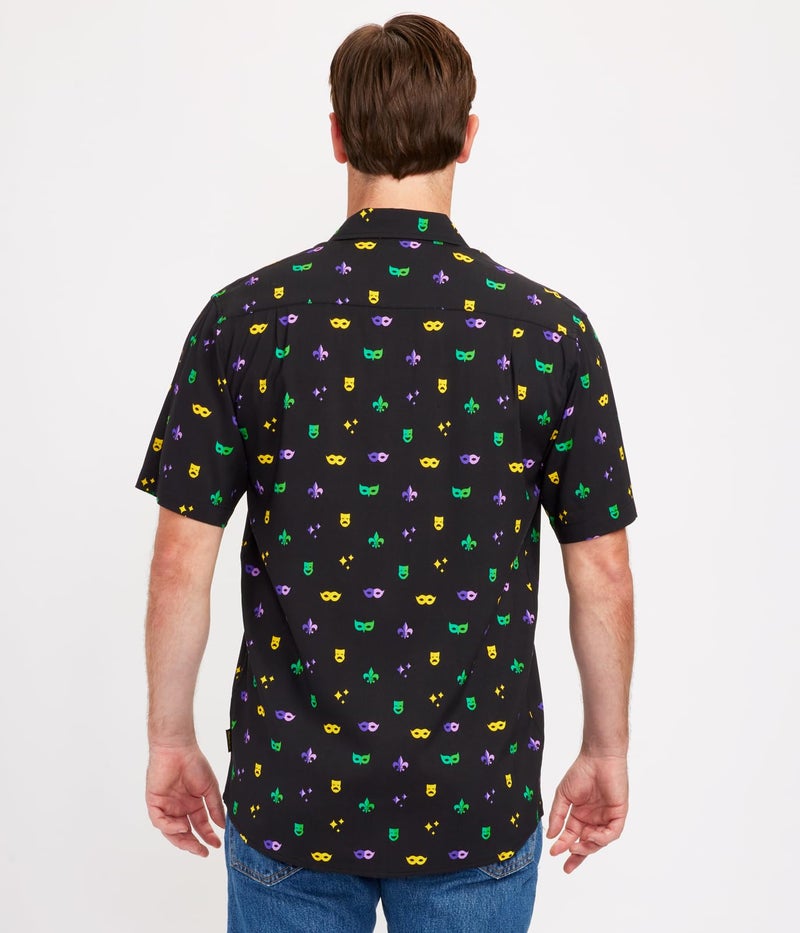 Tipsy Elves Button Down Shirts for Men - Valentineâ€™s Day, Mardi Gras and St Patrickâ€™s Day Menâ€™s Button Ups - Black Masquerade Mardi Gras Short Sleeve Hawaiian - Size Large - Image 3